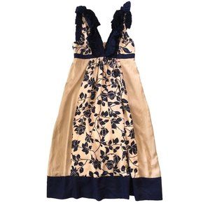 Anthropologie Saja 4 Dress Silk Champagne Blue Ruffle Midi Party Wedding Guest